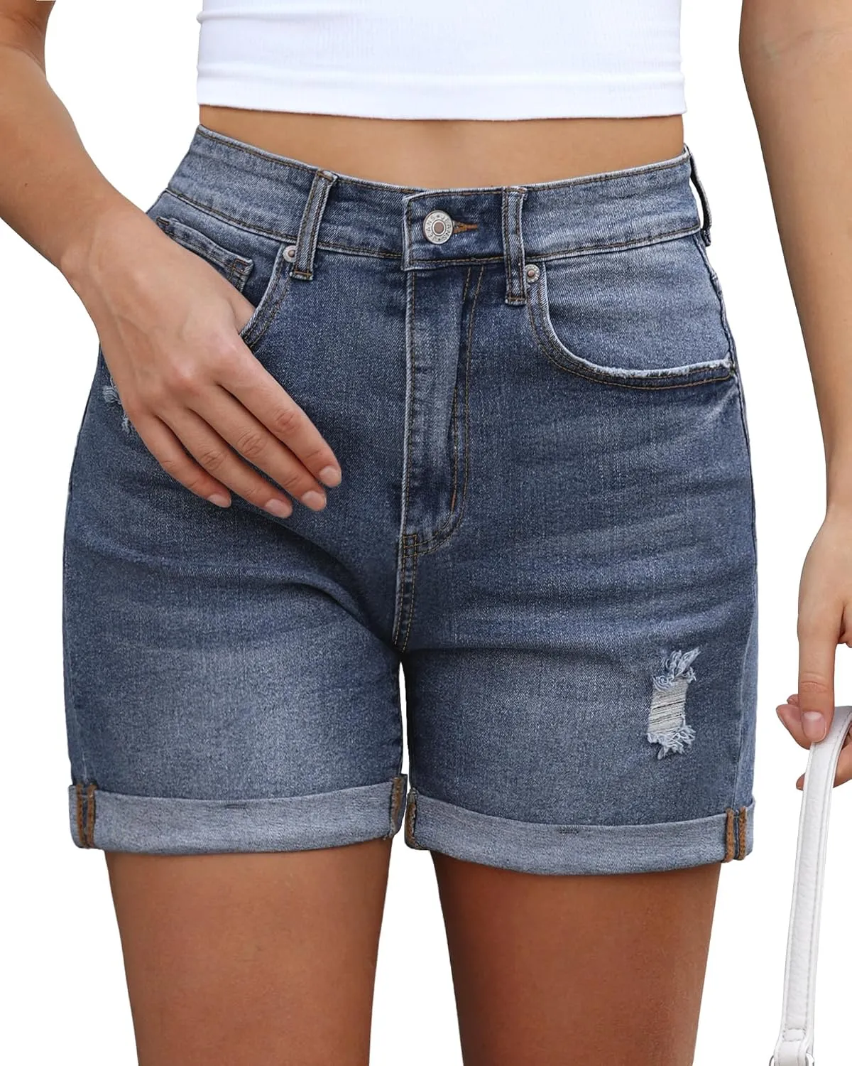 Vetinee Jean Shorts for Women Trendy High Waisted Distressed Ripped Stretchy Denim Shorts Fold Hem Summer Casual Jorts