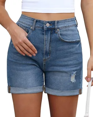 Vetinee Jean Shorts for Women Trendy High Waisted Distressed Ripped Stretchy Denim Shorts Fold Hem Summer Casual Jorts