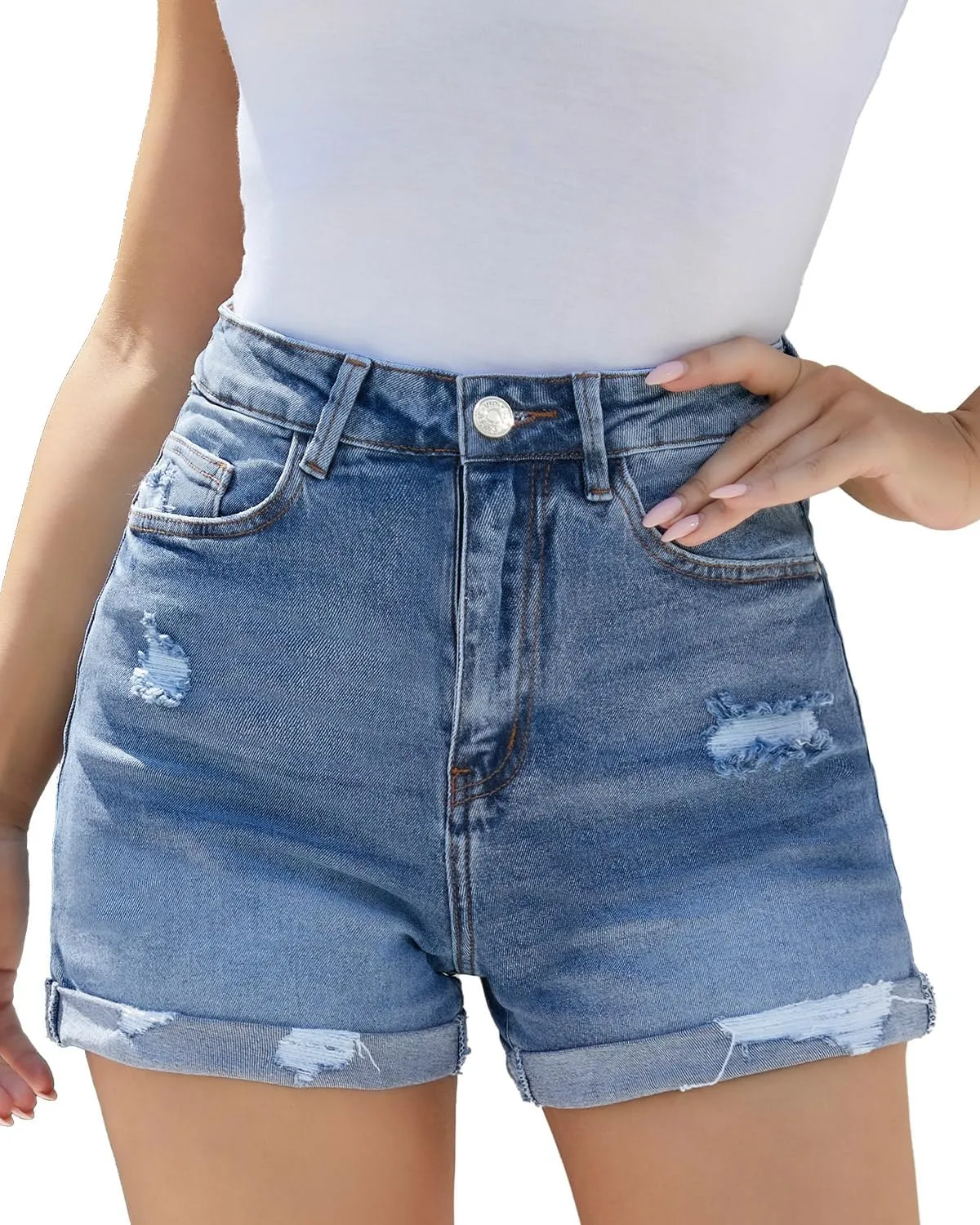 VIPONES Women Denim Shorts High Rise Trendy Stretch Frayed Summer Casual Jean Shorts
