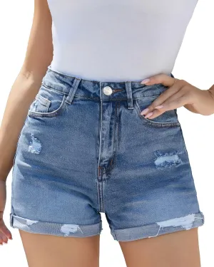 VIPONES Women Denim Shorts High Rise Trendy Stretch Frayed Summer Casual Jean Shorts