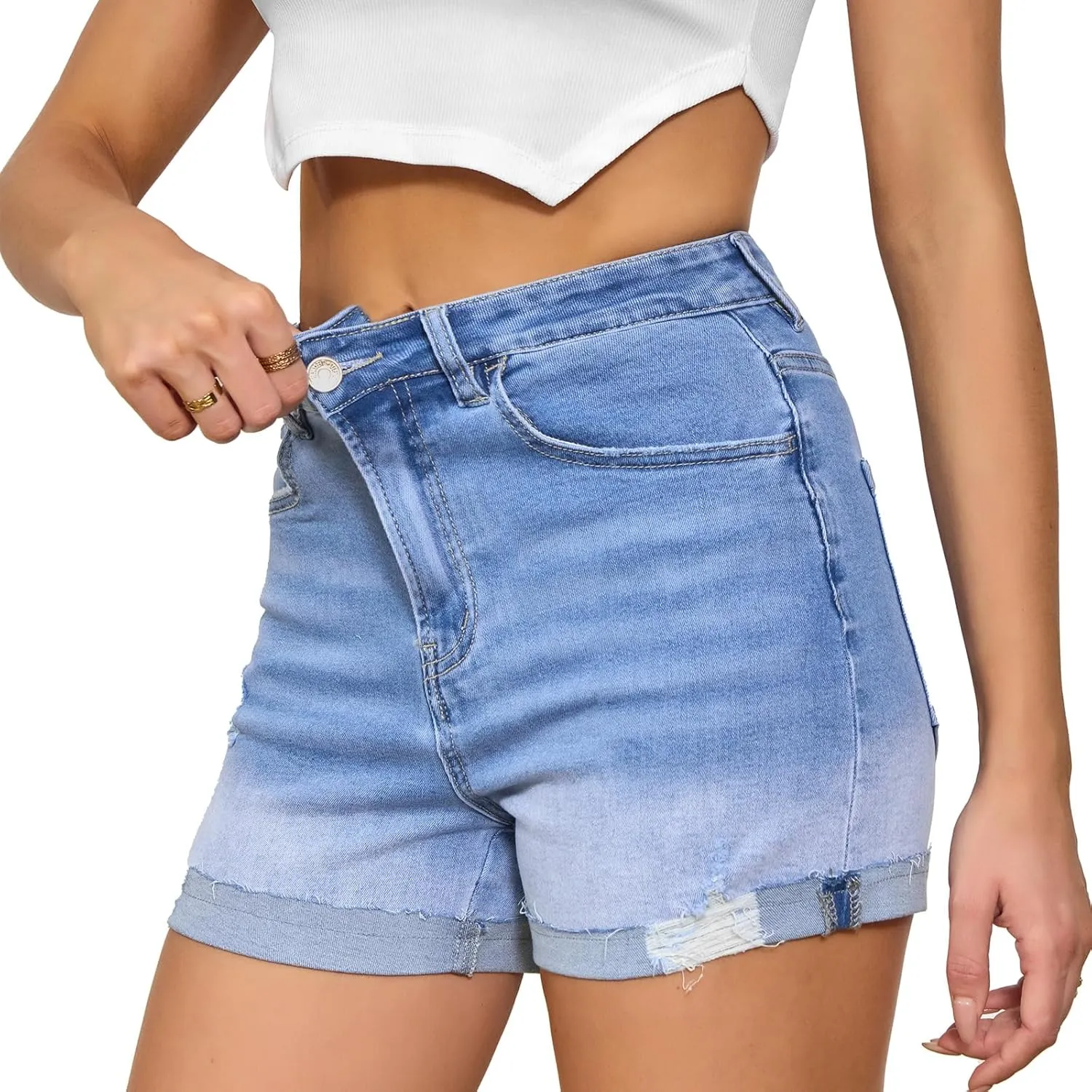 VIPONES Women Denim Shorts High Rise Trendy Stretch Frayed Summer Casual Jean Shorts