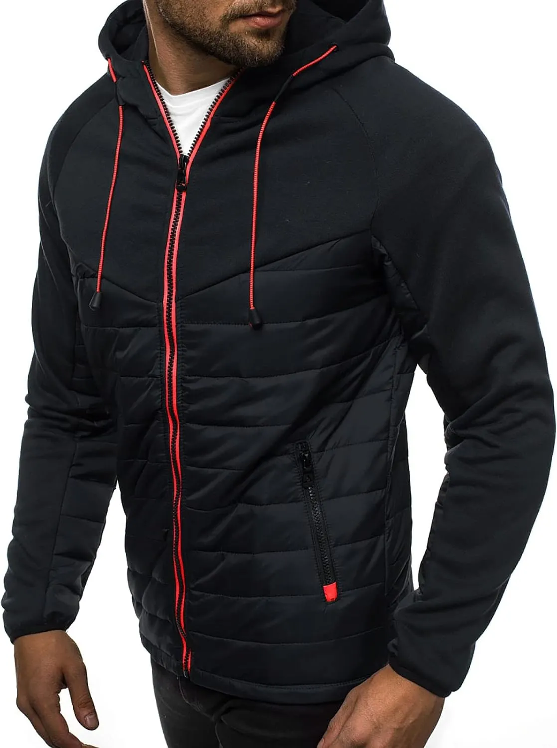 Warm Hoodies For Men Zip Up Hoodies Slim Fit Color Block Quilted Sweatshirts Jacket With Zipper Pockets