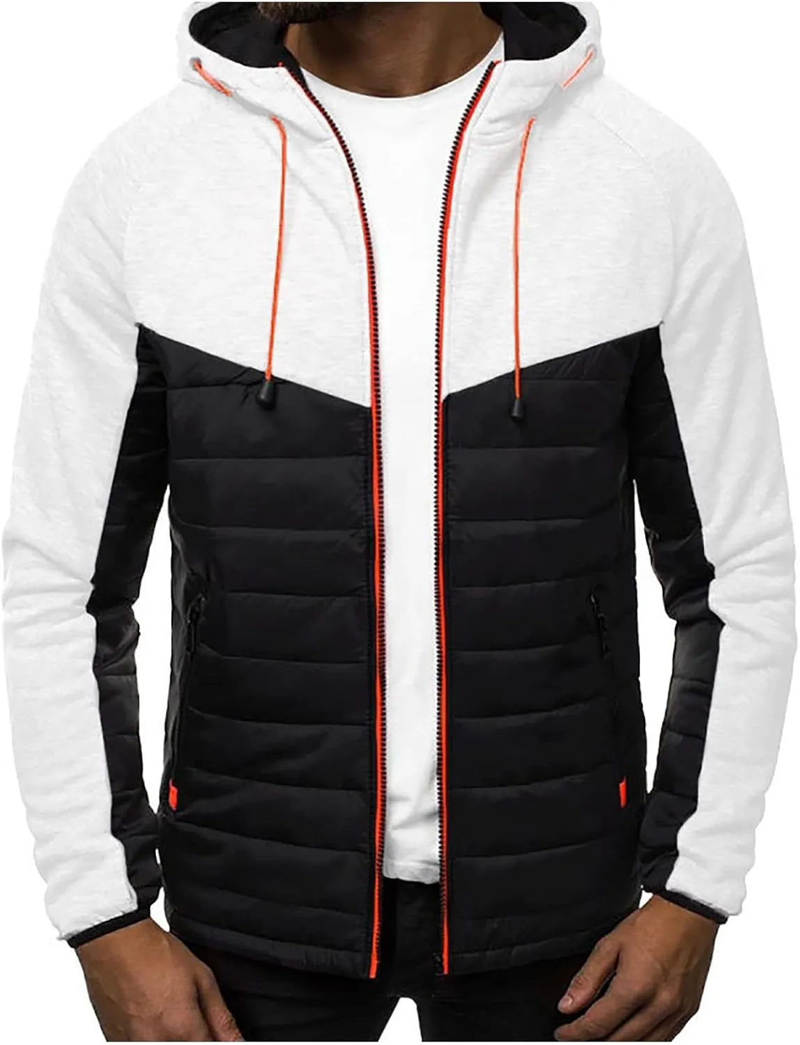 Warm Hoodies For Men Zip Up Hoodies Slim Fit Color Block Quilted Sweatshirts Jacket With Zipper Pockets