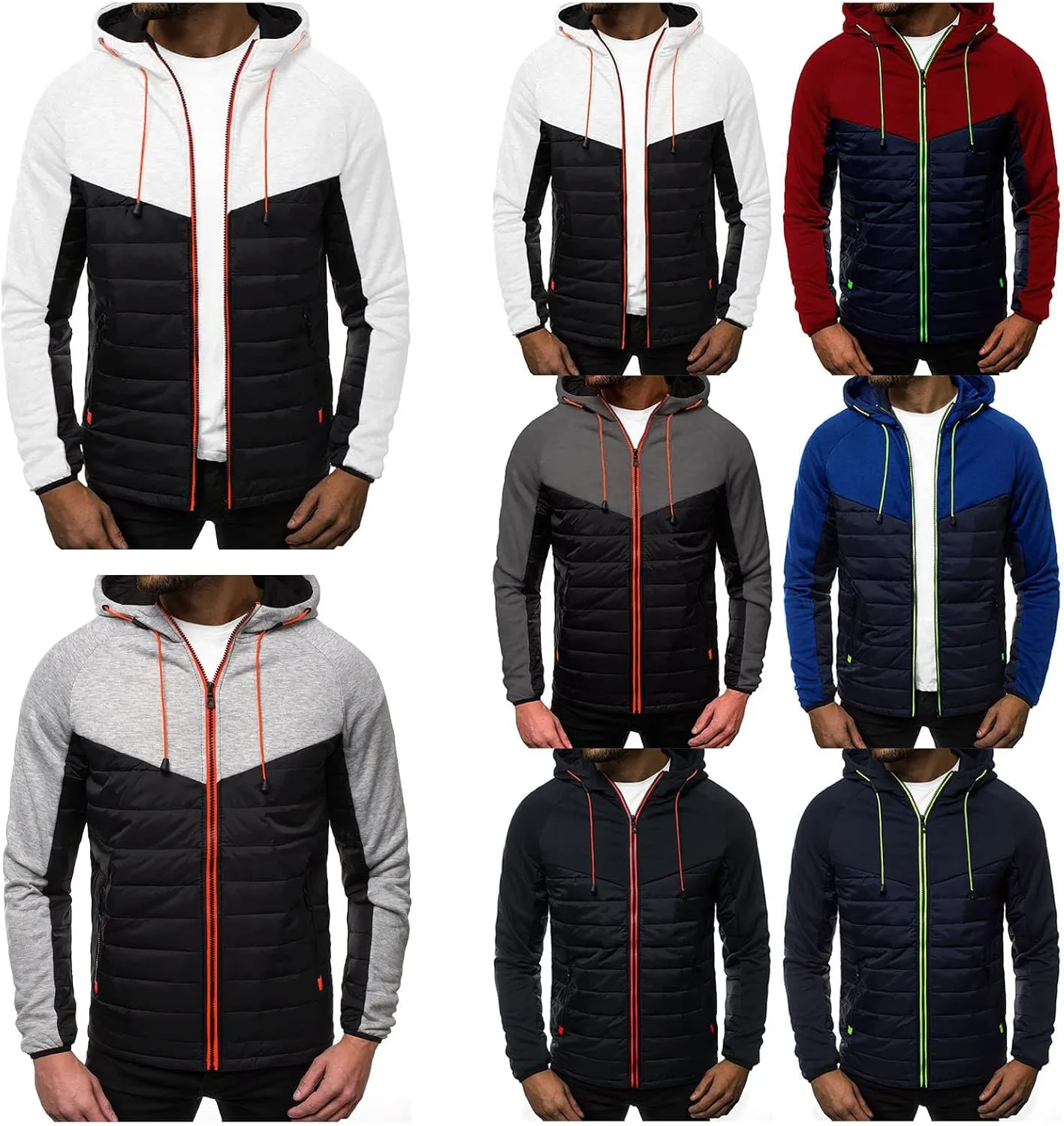 Warm Hoodies For Men Zip Up Hoodies Slim Fit Color Block Quilted Sweatshirts Jacket With Zipper Pockets