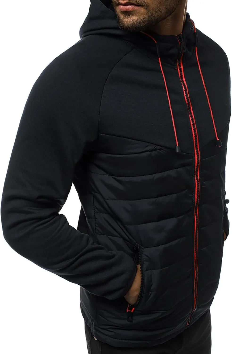 Warm Hoodies For Men Zip Up Hoodies Slim Fit Color Block Quilted Sweatshirts Jacket With Zipper Pockets