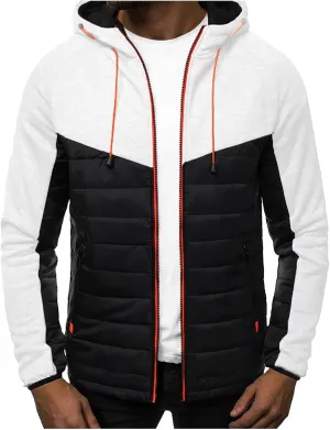 Warm Hoodies For Men Zip Up Hoodies Slim Fit Color Block Quilted Sweatshirts Jacket With Zipper Pockets