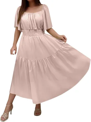 Wedding Guest Dresses for Women Flowy Vintage Square Neck Short Flutter Sleeve Tiered Ruffle Hem Boho Dress Cowgirl Outfits