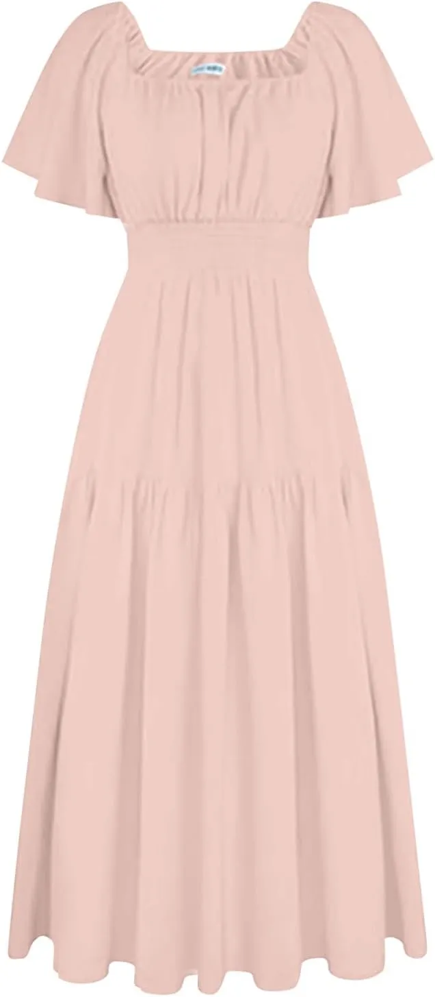 Wedding Guest Dresses for Women Flowy Vintage Square Neck Short Flutter Sleeve Tiered Ruffle Hem Boho Dress Cowgirl Outfits