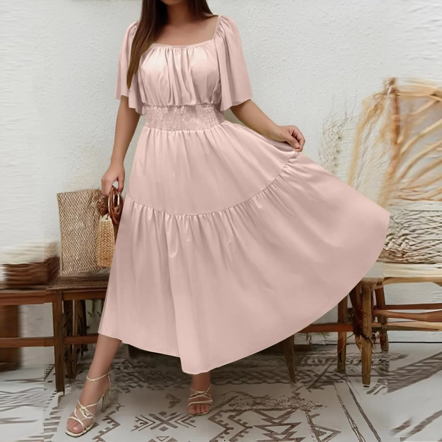 Wedding Guest Dresses for Women Flowy Vintage Square Neck Short Flutter Sleeve Tiered Ruffle Hem Boho Dress Cowgirl Outfits