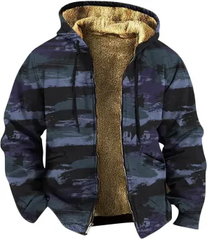 Winter Coat for Men Printed Tactical Cardigan Jacket Long Sleeve Warm Zipper Sweatshirt Padded Thickened Hooded Tops