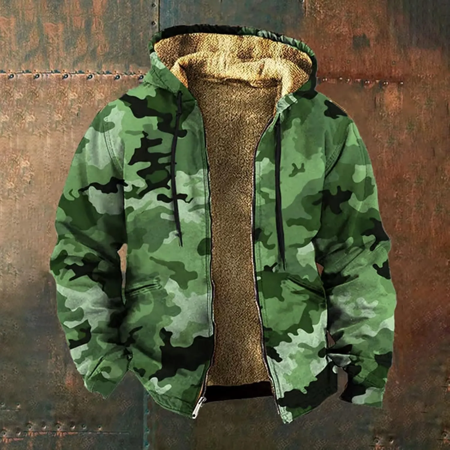 Winter Coat for Men Printed Tactical Cardigan Jacket Long Sleeve Warm Zipper Sweatshirt Padded Thickened Hooded Tops
