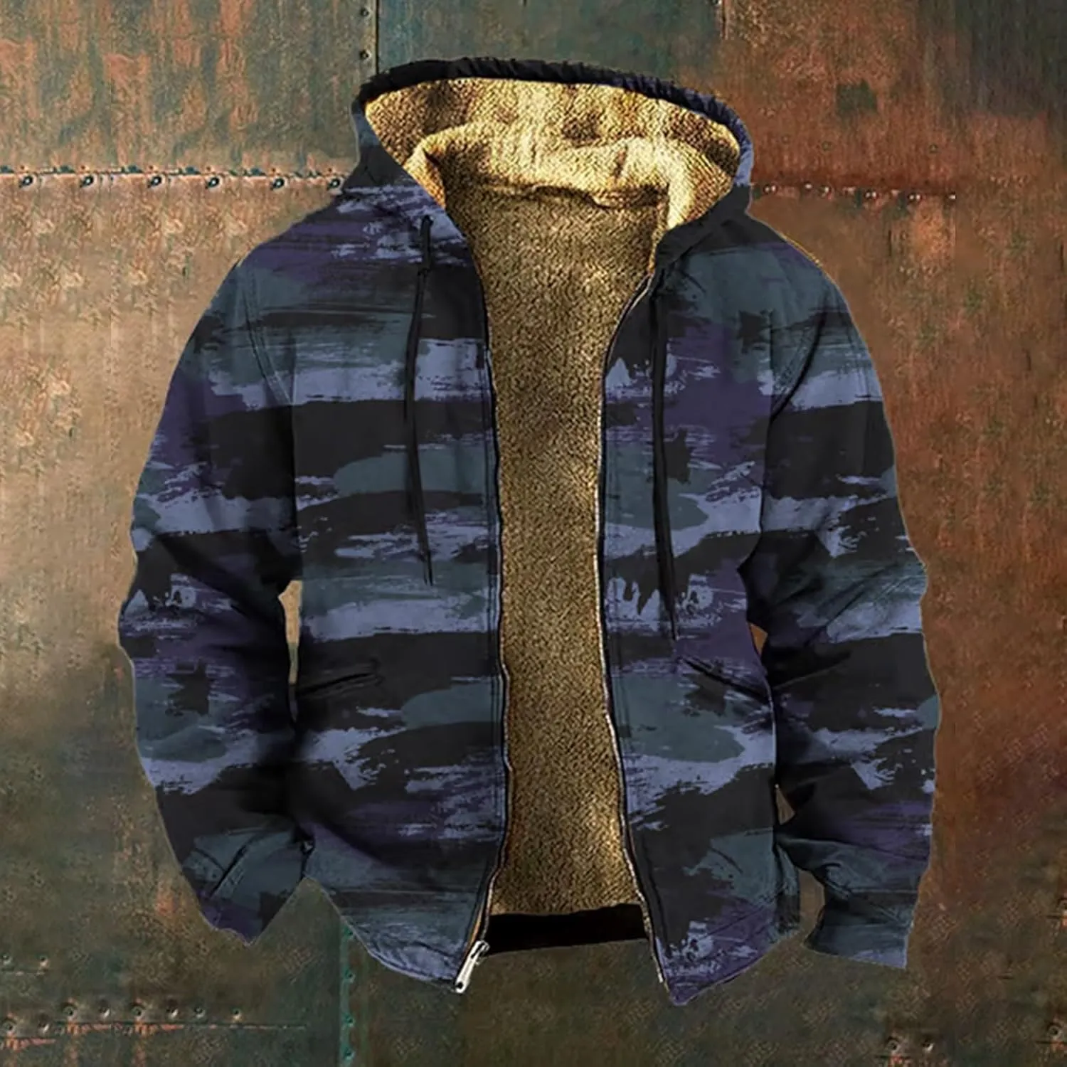 Winter Coat for Men Printed Tactical Cardigan Jacket Long Sleeve Warm Zipper Sweatshirt Padded Thickened Hooded Tops