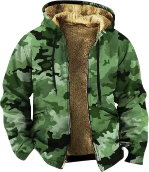Winter Coat for Men Printed Tactical Cardigan Jacket Long Sleeve Warm Zipper Sweatshirt Padded Thickened Hooded Tops