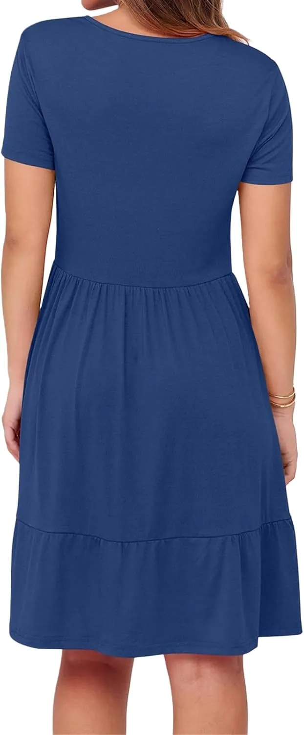Women 2025 Summer Dress Casual Short Sleeve Square Neck Babydoll Dresses Vacation A-Line Ruffle Sundress