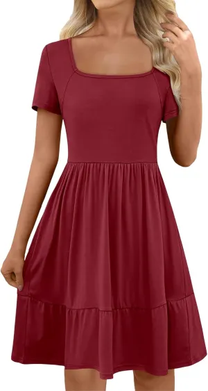 Women 2025 Summer Dress Casual Short Sleeve Square Neck Babydoll Dresses Vacation A-Line Ruffle Sundress