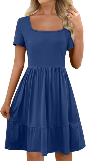 Women 2025 Summer Dress Casual Short Sleeve Square Neck Babydoll Dresses Vacation A-Line Ruffle Sundress