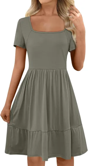 Women 2025 Summer Dress Casual Short Sleeve Square Neck Babydoll Dresses Vacation A-Line Ruffle Sundress