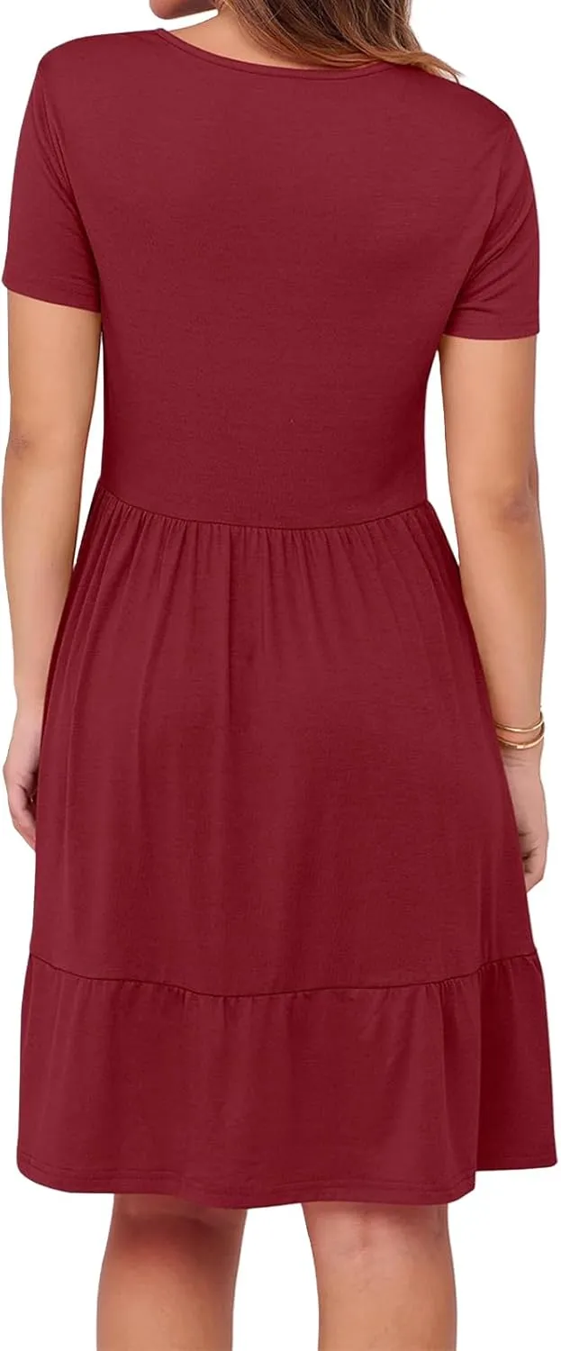 Women 2025 Summer Dress Casual Short Sleeve Square Neck Babydoll Dresses Vacation A-Line Ruffle Sundress