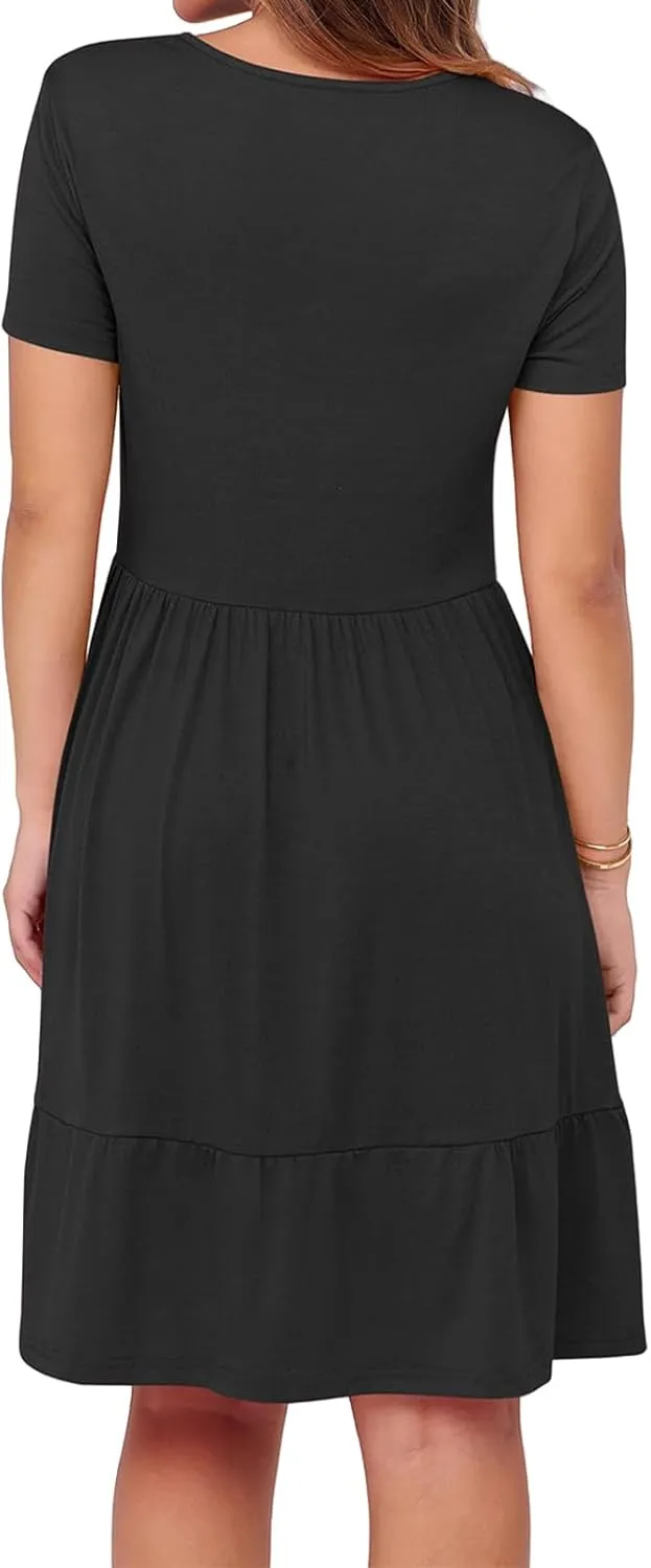 Women 2025 Summer Dress Casual Short Sleeve Square Neck Babydoll Dresses Vacation A-Line Ruffle Sundress