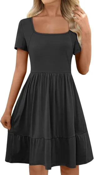 Women 2025 Summer Dress Casual Short Sleeve Square Neck Babydoll Dresses Vacation A-Line Ruffle Sundress