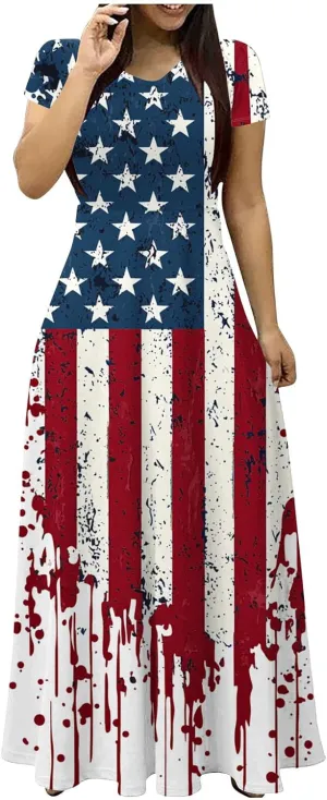 Women American Flag Maxi Dress 4th of July Patriotic Summer Short Sleeve Casual Long Dresses Vacation Outfits