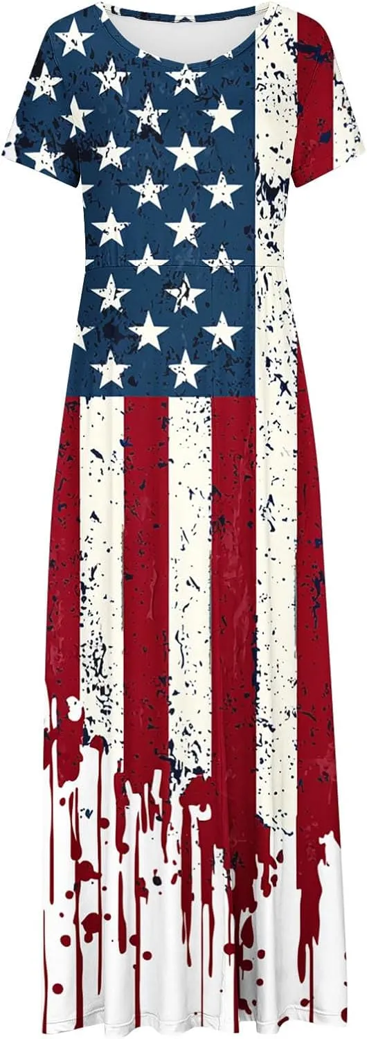 Women American Flag Maxi Dress 4th of July Patriotic Summer Short Sleeve Casual Long Dresses Vacation Outfits