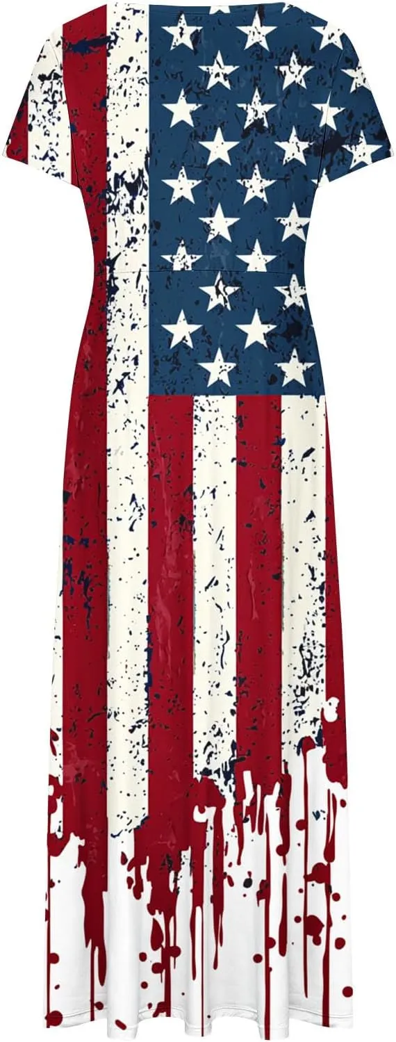 Women American Flag Maxi Dress 4th of July Patriotic Summer Short Sleeve Casual Long Dresses Vacation Outfits