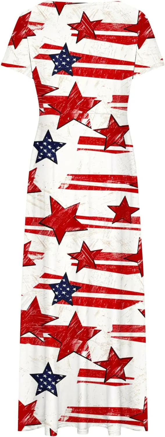 Women American Flag Maxi Dress 4th of July Patriotic Summer Short Sleeve Casual Long Dresses Vacation Outfits