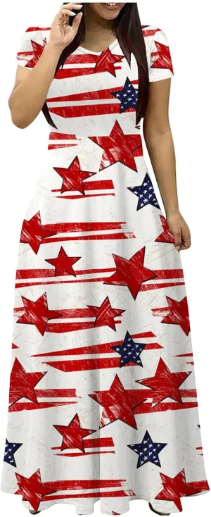 Women American Flag Maxi Dress 4th of July Patriotic Summer Short Sleeve Casual Long Dresses Vacation Outfits