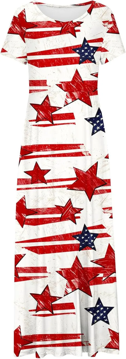 Women American Flag Maxi Dress 4th of July Patriotic Summer Short Sleeve Casual Long Dresses Vacation Outfits