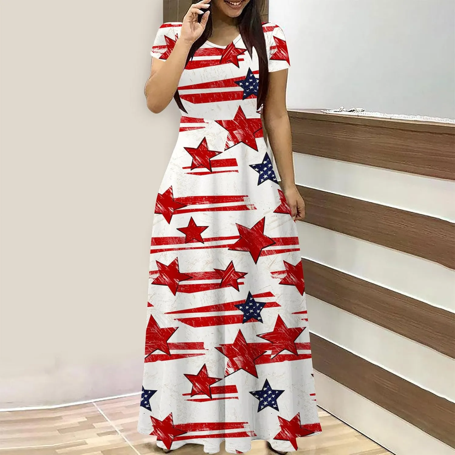 Women American Flag Maxi Dress 4th of July Patriotic Summer Short Sleeve Casual Long Dresses Vacation Outfits