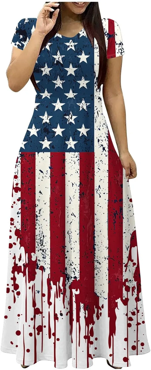 Women American Flag Maxi Dress 4th of July Patriotic Summer Short Sleeve Casual Long Dresses Vacation Outfits