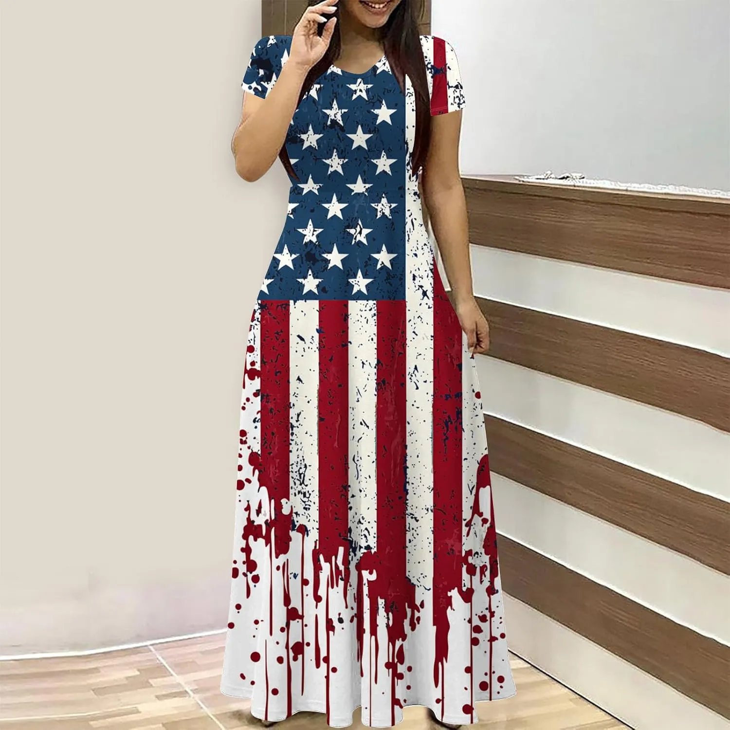 Women American Flag Maxi Dress 4th of July Patriotic Summer Short Sleeve Casual Long Dresses Vacation Outfits