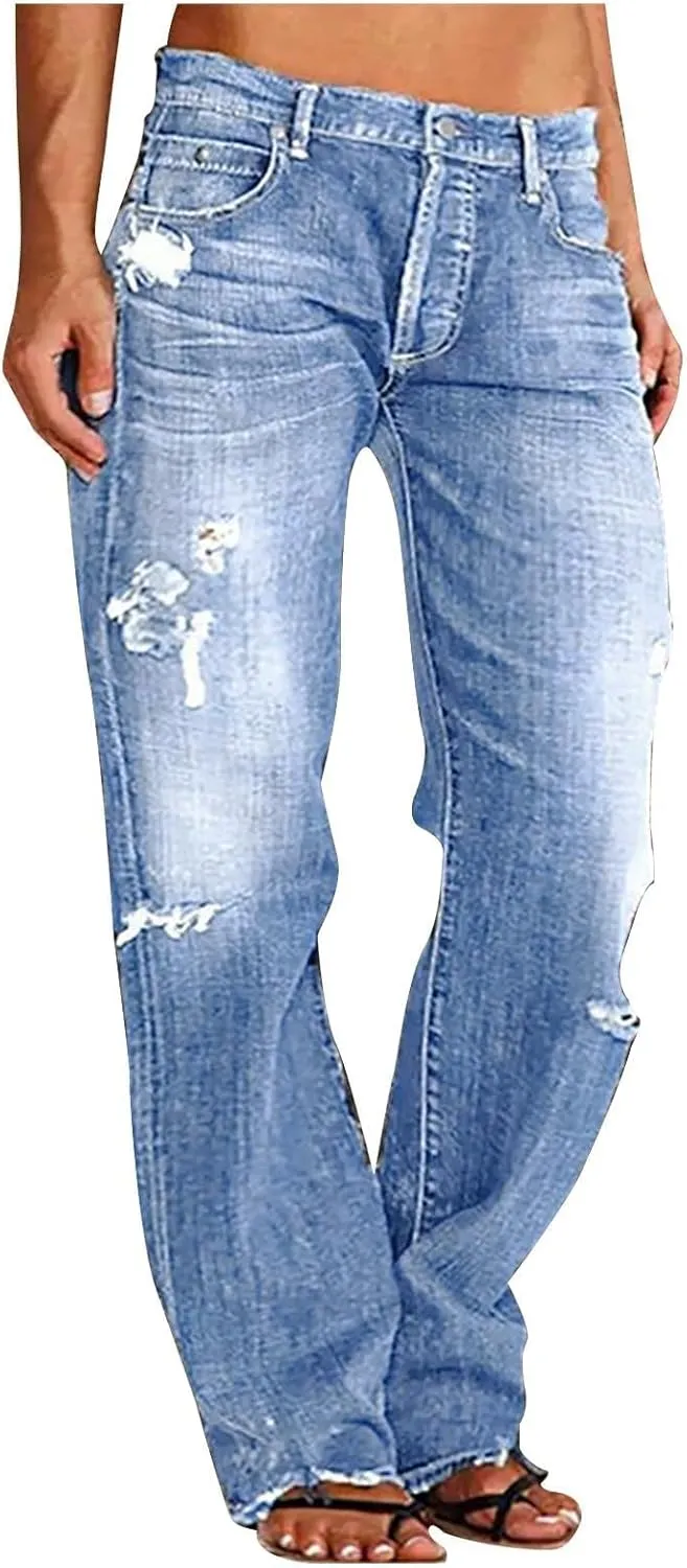 Women Baggy Boyfriend Jeans Pant Mid Rise Bootcut Jean High Waisted Jeans Flare Stretch Boyfriend Casual Denim Pants
