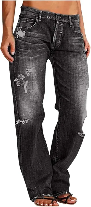 Women Baggy Boyfriend Jeans Pant Mid Rise Bootcut Jean High Waisted Jeans Flare Stretch Boyfriend Casual Denim Pants