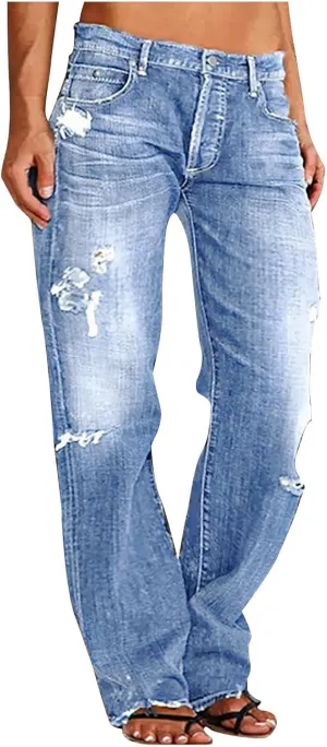 Women Baggy Boyfriend Jeans Pant Mid Rise Bootcut Jean High Waisted Jeans Flare Stretch Boyfriend Casual Denim Pants