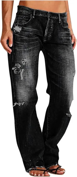Women Baggy Boyfriend Jeans Pant Mid Rise Bootcut Jean High Waisted Jeans Flare Stretch Boyfriend Casual Denim Pants