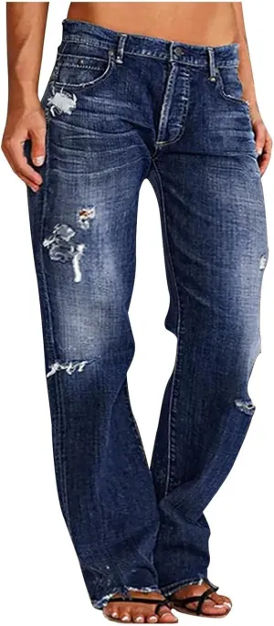 Women Baggy Boyfriend Jeans Pant Mid Rise Bootcut Jean High Waisted Jeans Flare Stretch Boyfriend Casual Denim Pants