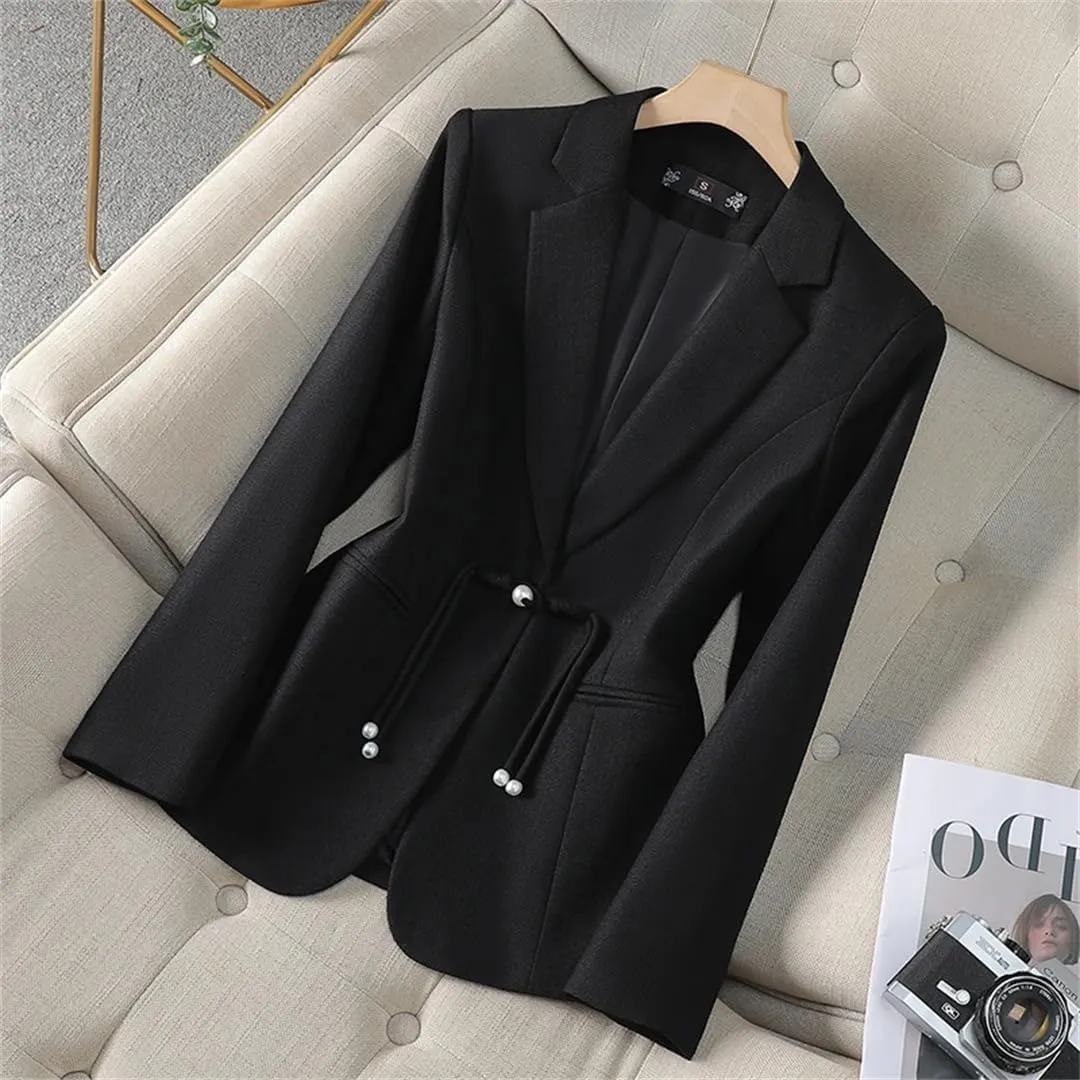 Women Beige Black Blazers Business Work Wear Long Sleeve Single Button Formal Jacket