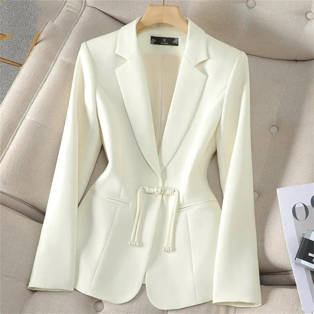 Women Beige Black Blazers Business Work Wear Long Sleeve Single Button Formal Jacket