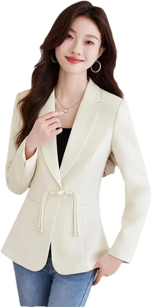Women Beige Black Blazers Business Work Wear Long Sleeve Single Button Formal Jacket