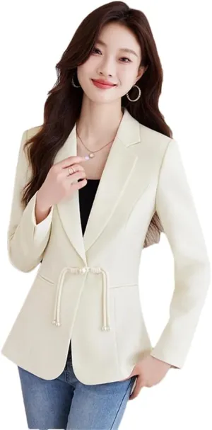 Women Beige Black Blazers Business Work Wear Long Sleeve Single Button Formal Jacket