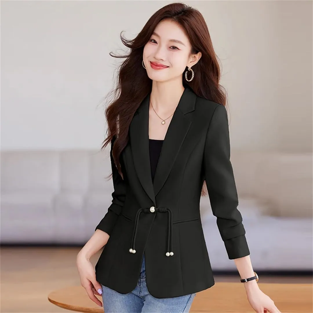 Women Beige Black Blazers Business Work Wear Long Sleeve Single Button Formal Jacket