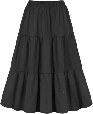Women Boho Maxi Skirts Solid Elastic Waist Ruffle Tiered Skirt Flowy Swing A-Line Skirt Trendy Pleated Beach Dress