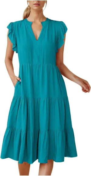 Women Casual Summer Dress V Neck Ruffle Sleeve Tiered Midi Dress Flowy Boho Beach Vacation A-Line Long Dress