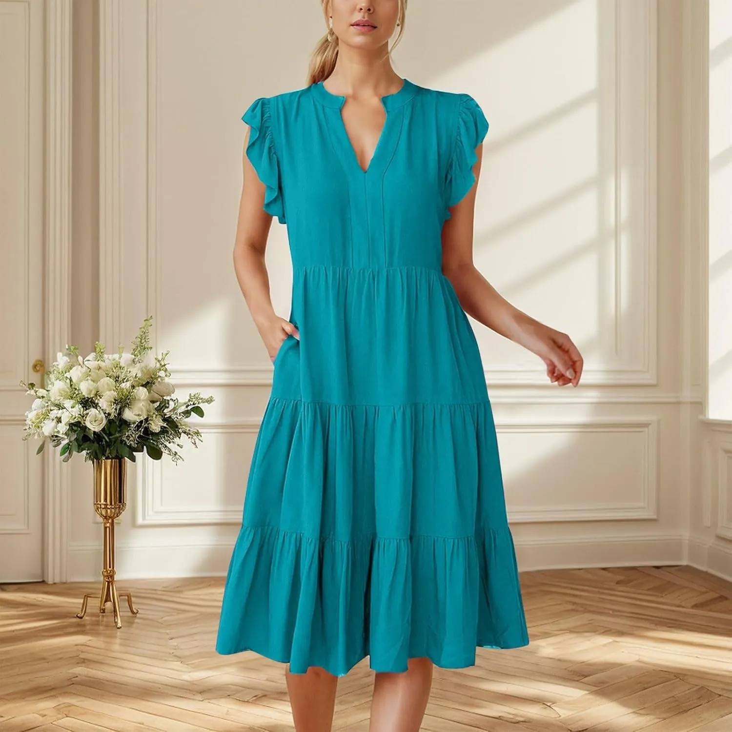 Women Casual Summer Dress V Neck Ruffle Sleeve Tiered Midi Dress Flowy Boho Beach Vacation A-Line Long Dress