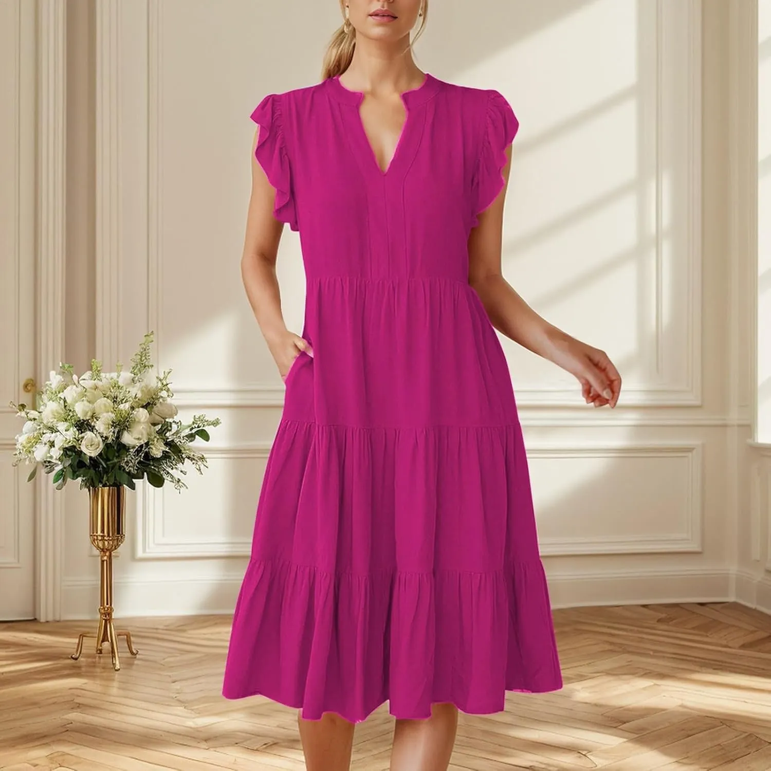 Women Casual Summer Dress V Neck Ruffle Sleeve Tiered Midi Dress Flowy Boho Beach Vacation A-Line Long Dress