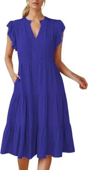 Women Casual Summer Dress V Neck Ruffle Sleeve Tiered Midi Dress Flowy Boho Beach Vacation A-Line Long Dress