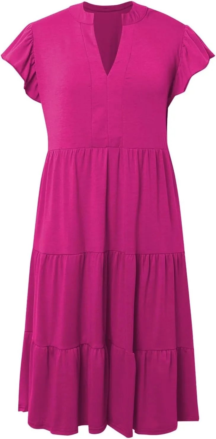 Women Casual Summer Dress V Neck Ruffle Sleeve Tiered Midi Dress Flowy Boho Beach Vacation A-Line Long Dress