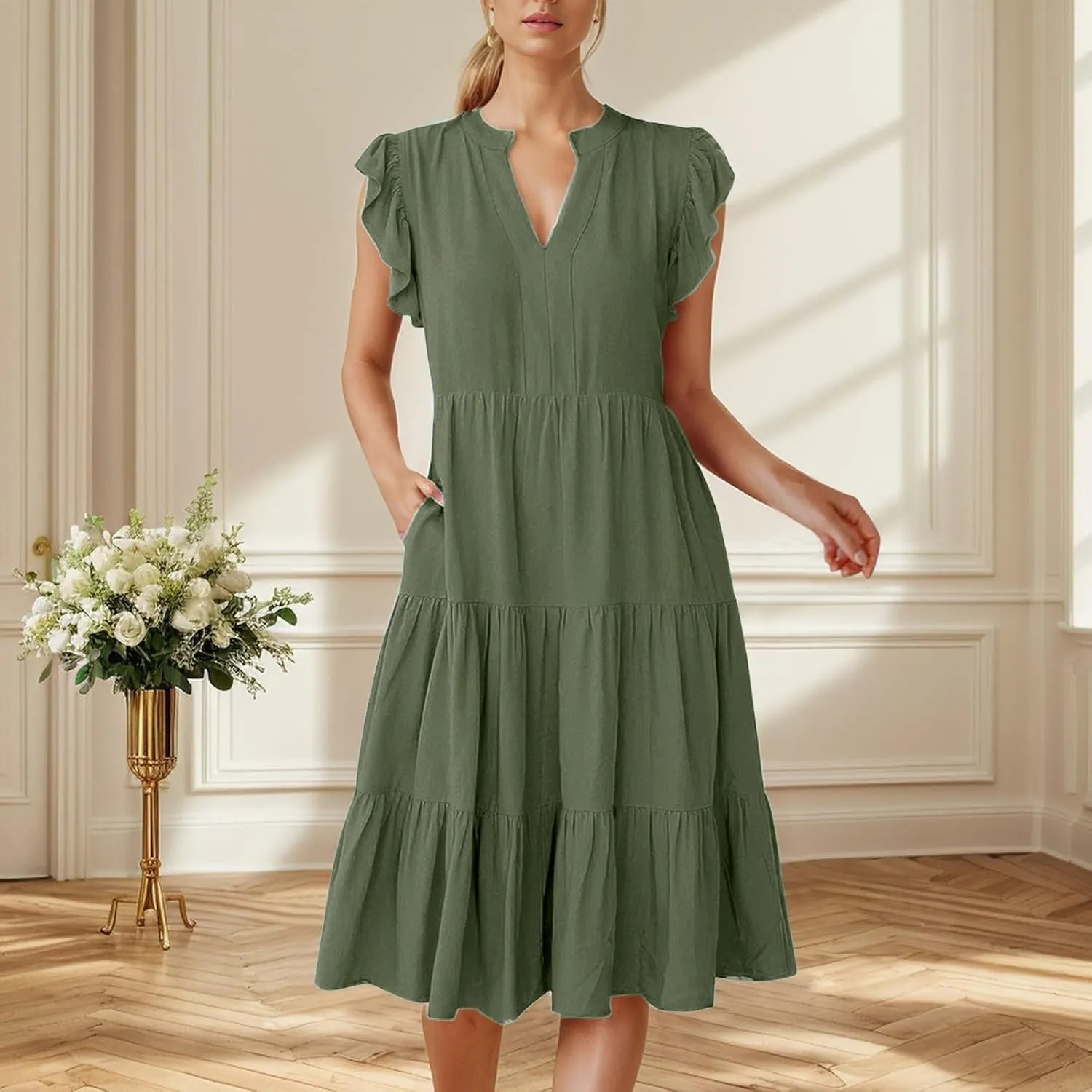 Women Casual Summer Dress V Neck Ruffle Sleeve Tiered Midi Dress Flowy Boho Beach Vacation A-Line Long Dress
